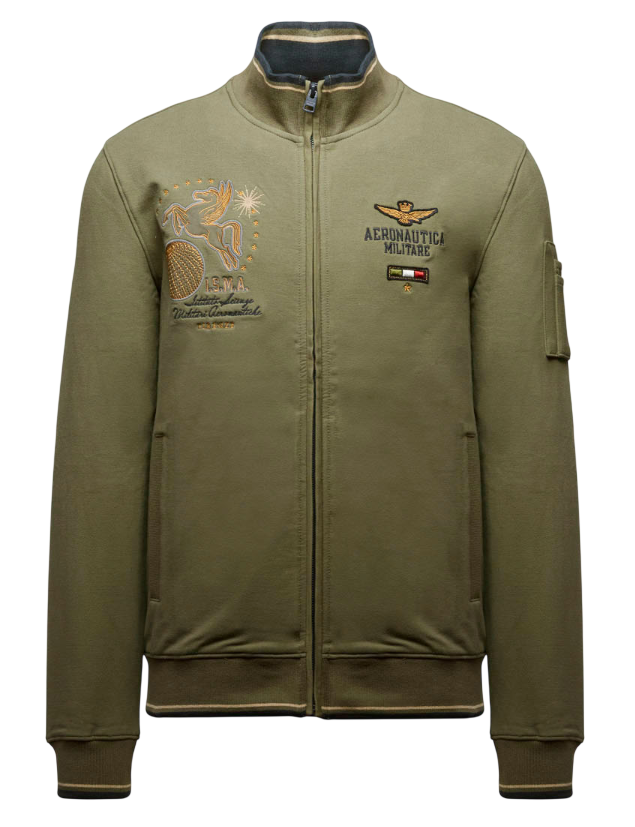 AERONAUTICA MILITARE FELPA RICAMATA FULL ZIP IN COTONE VERDE LAVATO