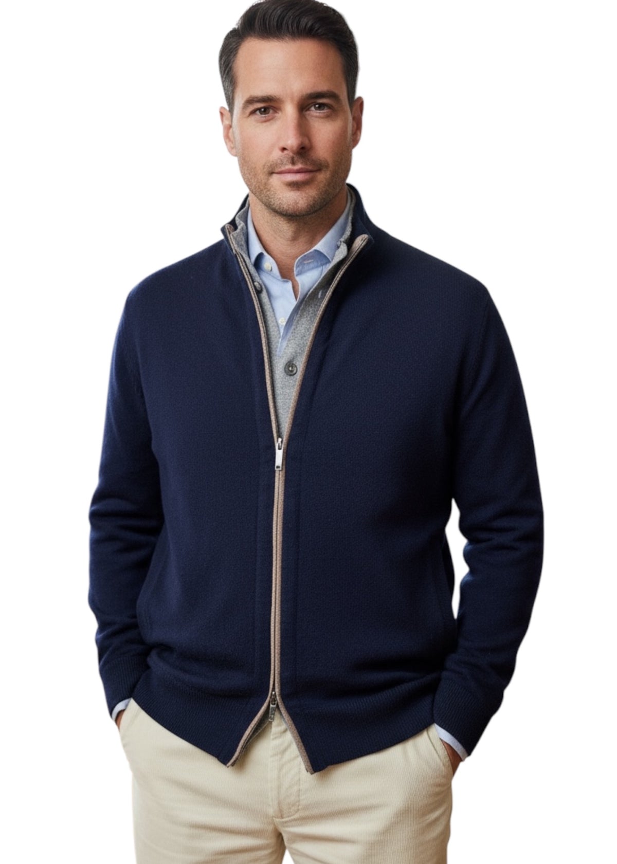 MARK MIDOR MAGLIA FULL ZIP IN LANA CASHMERE BICOLOR BLU NAVY
