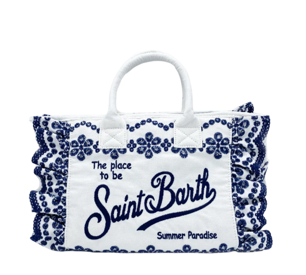MC2 SAINT BARTH BORSA COLETTE VOLANT SANGALLO FLOWER DENIM BIANCO