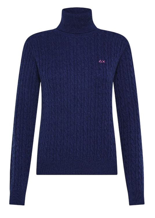 SUN68 MAGLIONE DOLCEVITA IN LANA E CASHMERE A TRECCE BLU PROFONDO