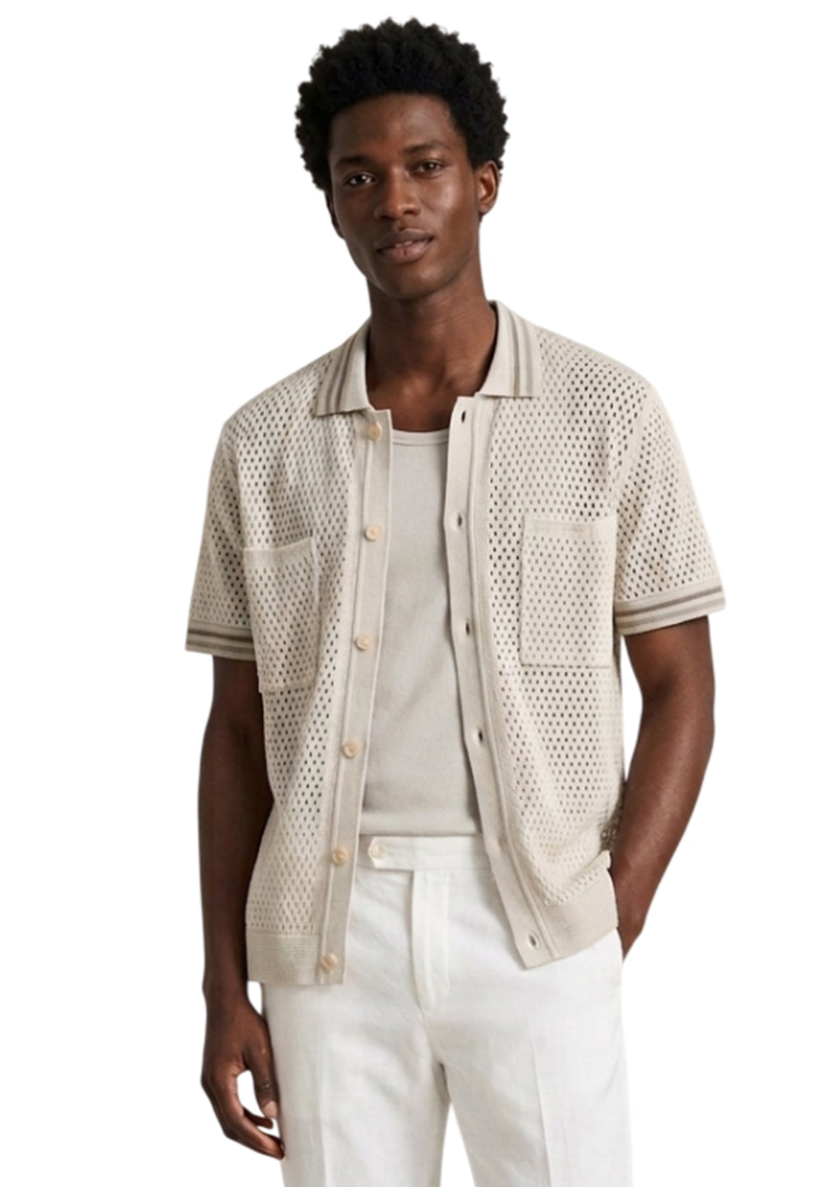 MARK MIDOR POLO CARDIGAN TRAFORATA IN COTONE CREMA