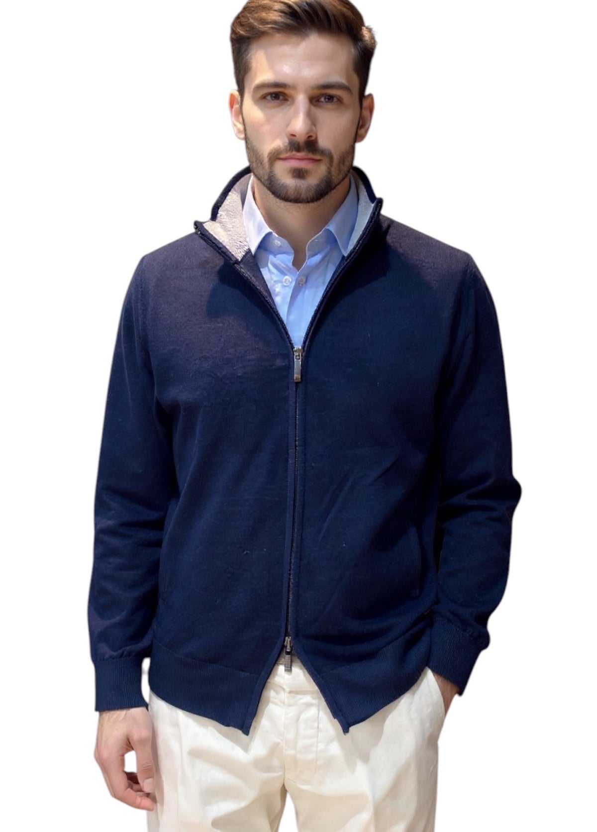 MARK MIDOR CARDIGAN FULL ZIP 100% LANA MERINO EXTRAFINE BLU NAVY