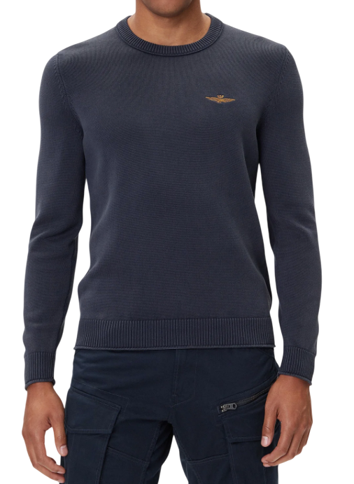 AERONAUTICA MILITARE MAGLIA GIROCOLLO IN COTONE STONE WASHED BLU NAVY