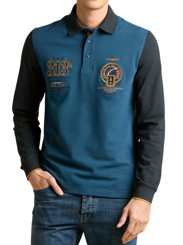 AERONAUTICA MILITARE FELPA POLO FRECCE TRICOLORI RICAMATA IN PIQUE' AVIO BLU NAVY
