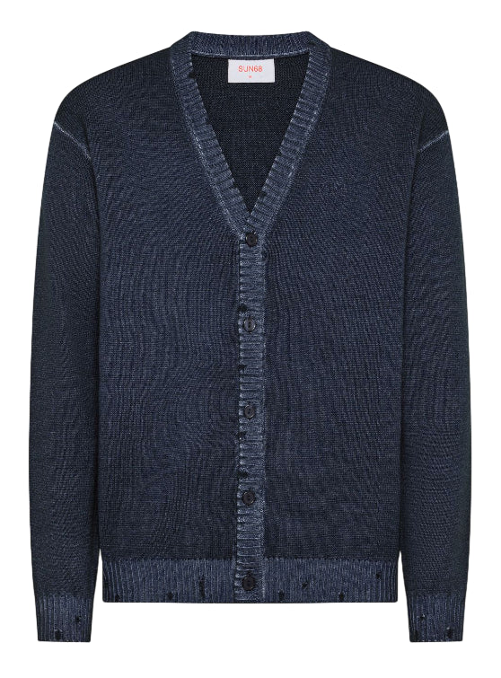 SUN68 UOMO CARDIGAN IN LANA EFFETTO VINTAGE NAVY BLUE