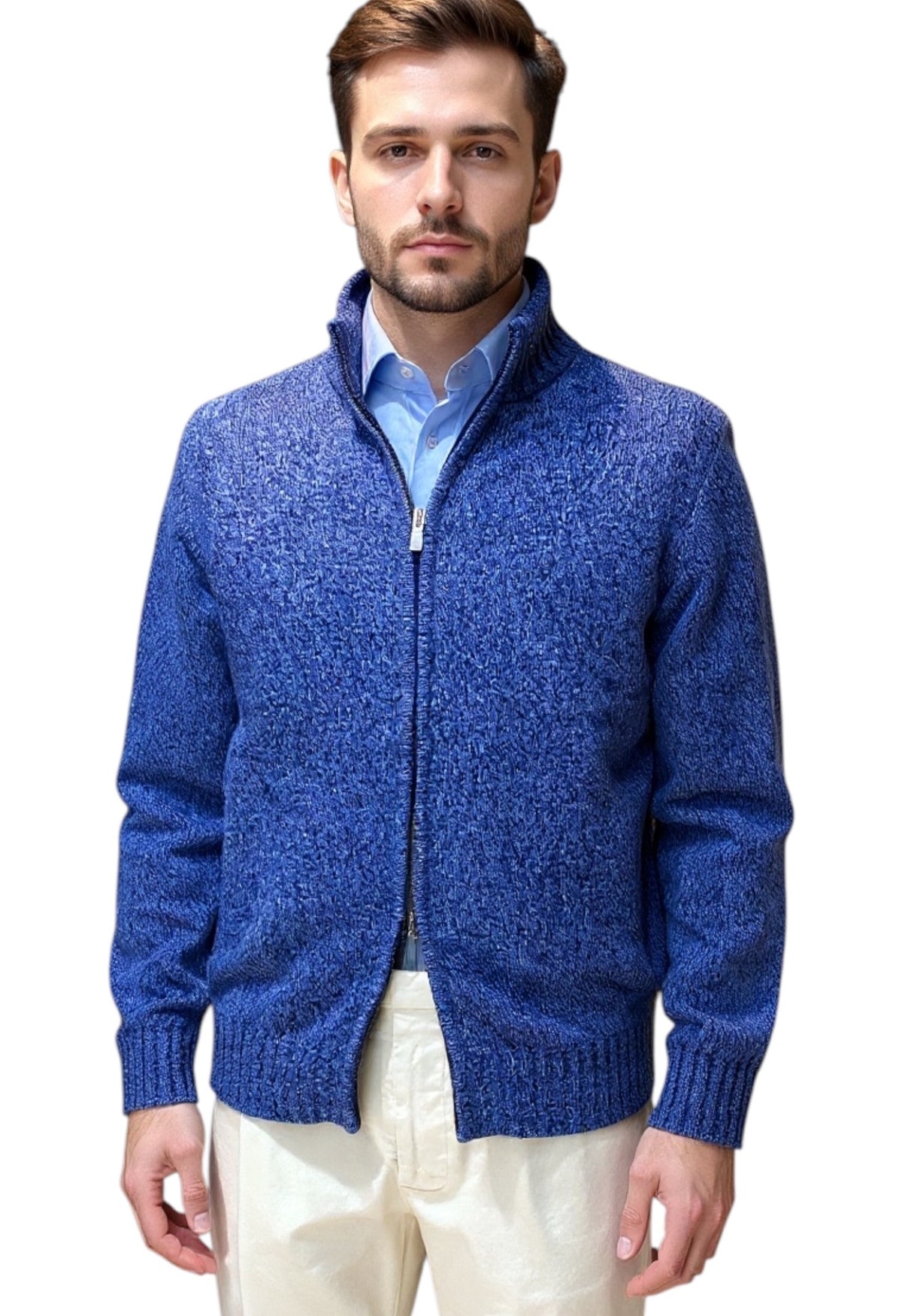 MARK MIDOR CARDIGAN FULL ZIP LANA E CASHMERE E SETA COLORE DENIM