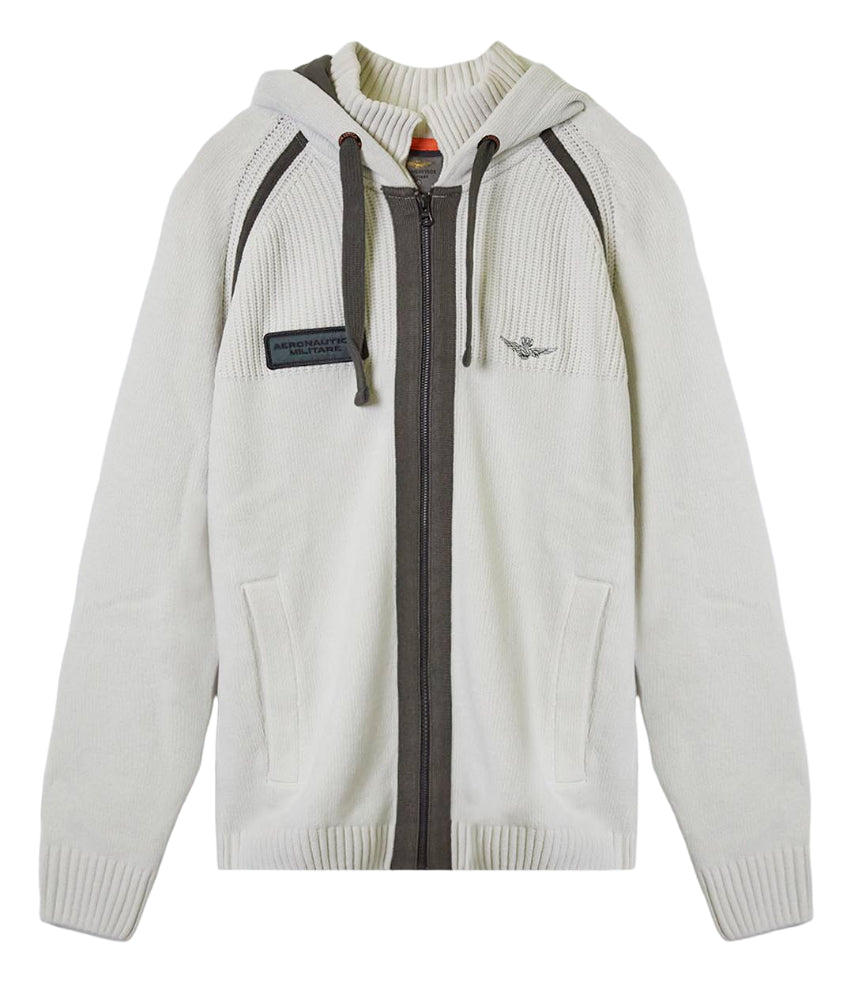 AERONAUTICA MILITARE MAGLIONE FULL ZIP IN COTONE CON CAPPUCCIO BIANCO BEIGE