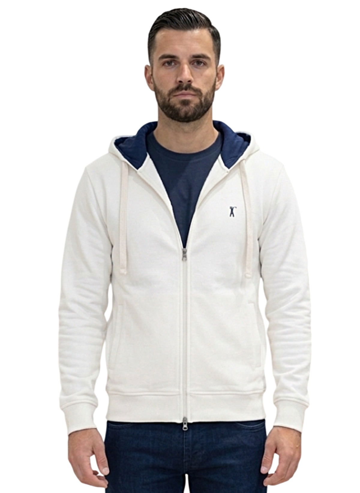 MARK MIDOR FELPA CAPPUCCIO E ZIP 100% COTONE BIANCO PANNA
