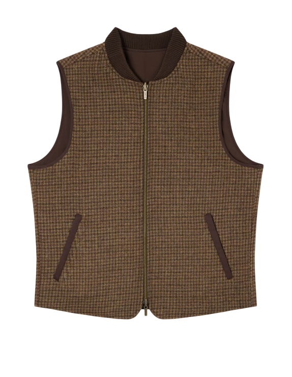 MC2 SAINT BARTH GILET SPENCER MARRONE REVERSIBILE IN LANA CON MOTIVO PIED DE POULE