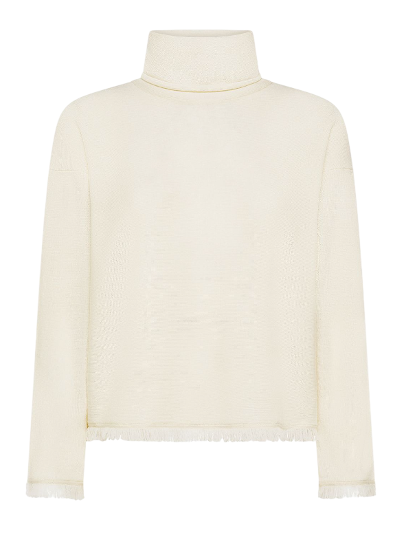 SUN68 MAGLIA DOLCEVITA IN LANA CON FRANGE BIANCO PANNA