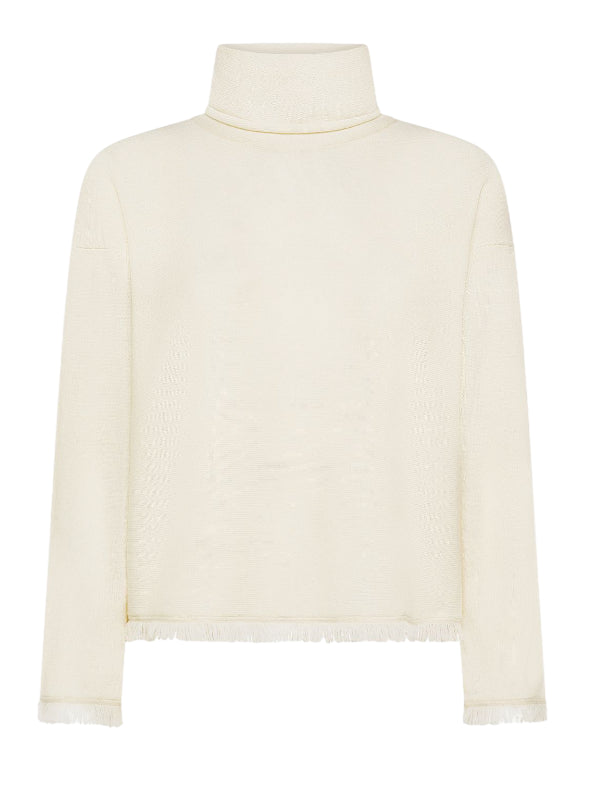 SUN68 MAGLIA DOLCEVITA IN LANA CON FRANGE BIANCO PANNA