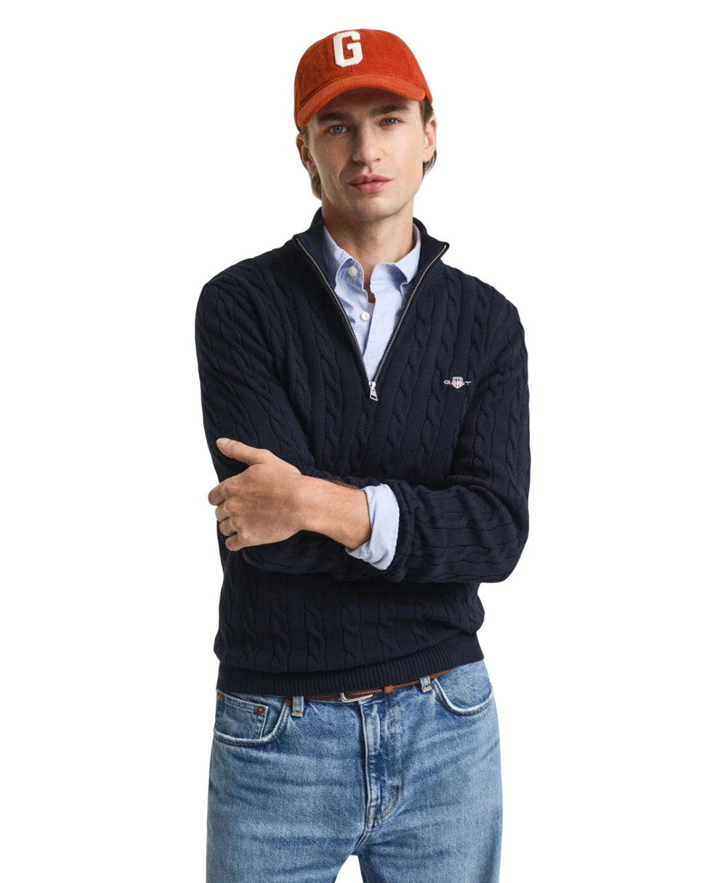 GANT MAGLIA CON ZIP CORTA IN COTONE A TRECCE EVENING BLUE