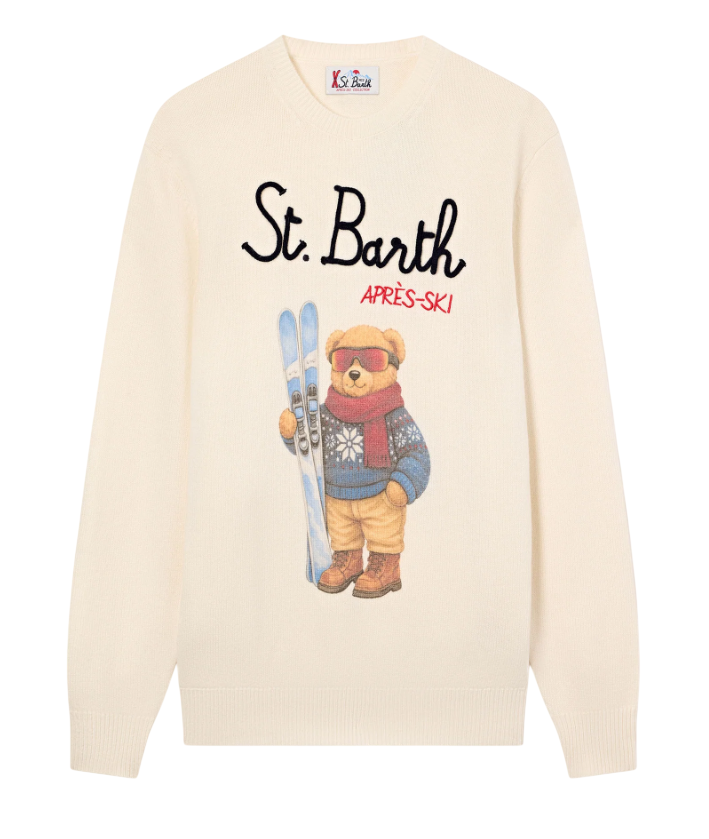 MC2 SAINT BARTH MAGLIA GIROCOLLO HERON BIANCA CON INTARSIO E RICAMO ORSETTO