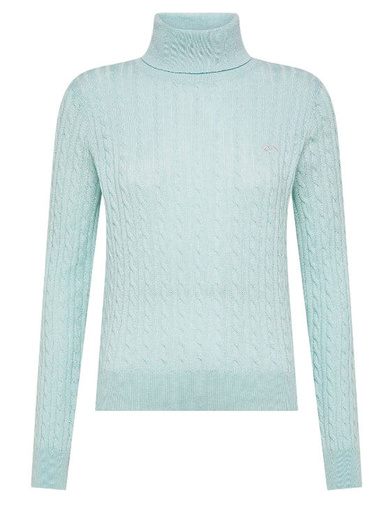 SUN68 MAGLIONE DOLCEVITA IN LANA E CASHMERE A TRECCE ACQUA