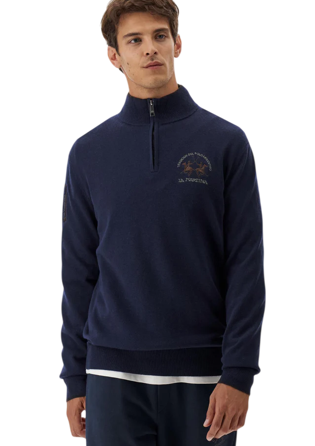 LA MARTINA MAGLIONE UOMO A COLLO ALTO CON ZIP LANA BLU