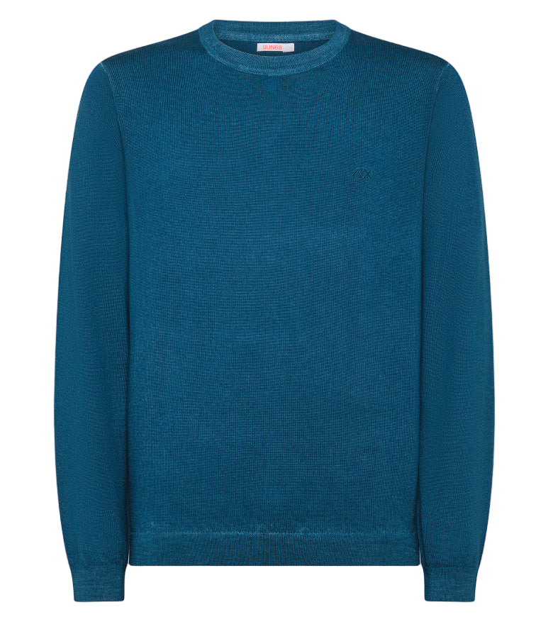 SUN68 MAGLIA ROUND VINTAGE PLAIN IN LANA MERINO BLU PROFONDO