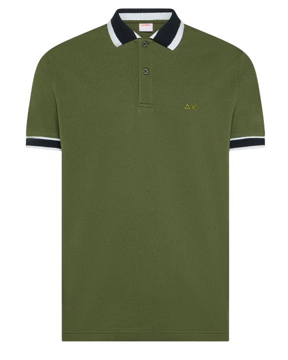 SUN68 POLO CON RIGHE A CONTRASTO IN COTONE VERDE MILITARE