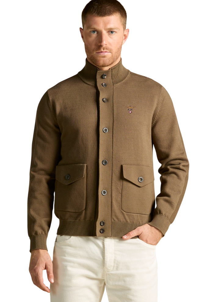 AERONAUTICA MILITARE MAGLIA CARDIGAN IN COTONE E NYLONE COLORE MARRONE NEUTRO