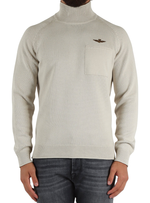 AERONAUTICA MILITARE MAGLIA COLLO ALTO IN COTONE CON TASCHINO BEIGE PELLICAN