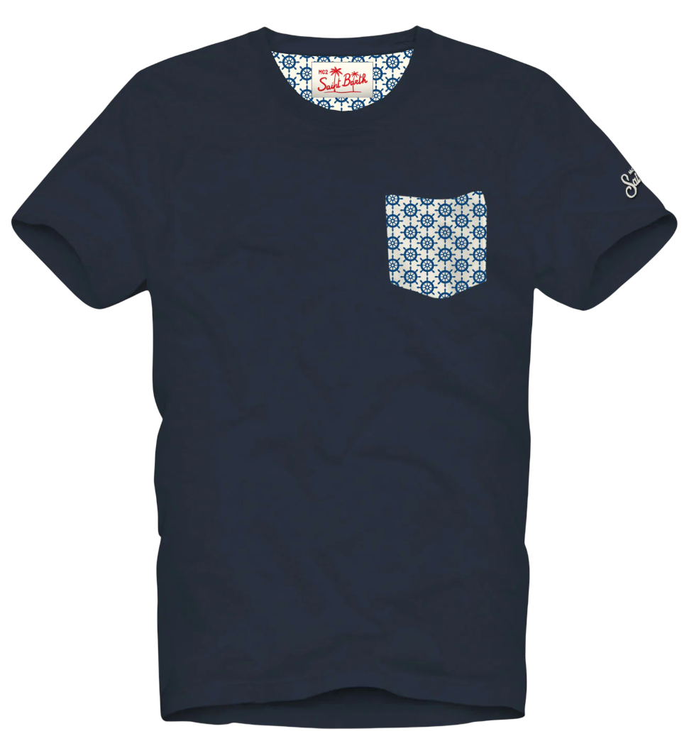 MC2 SAINT BARTH T-SHIRT BLANCHE RUDDER CON TASCHINO FANTASIA BLU