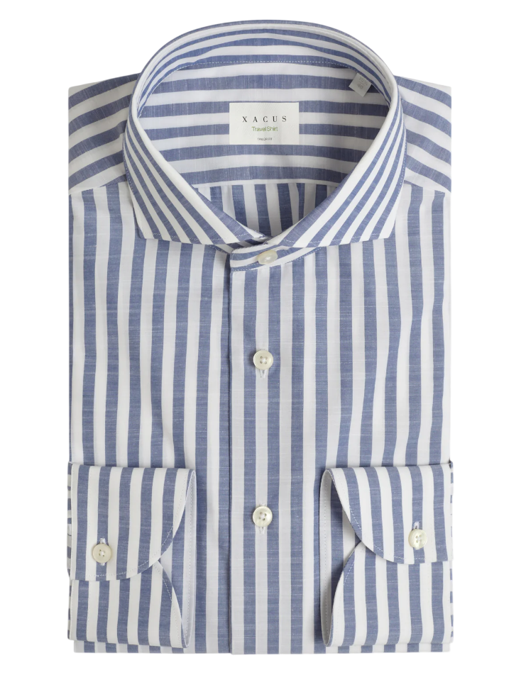 XACUS CAMICIA TRAVEL SHIRT COLLO FRANCESE RIGHE POPELINE BLU