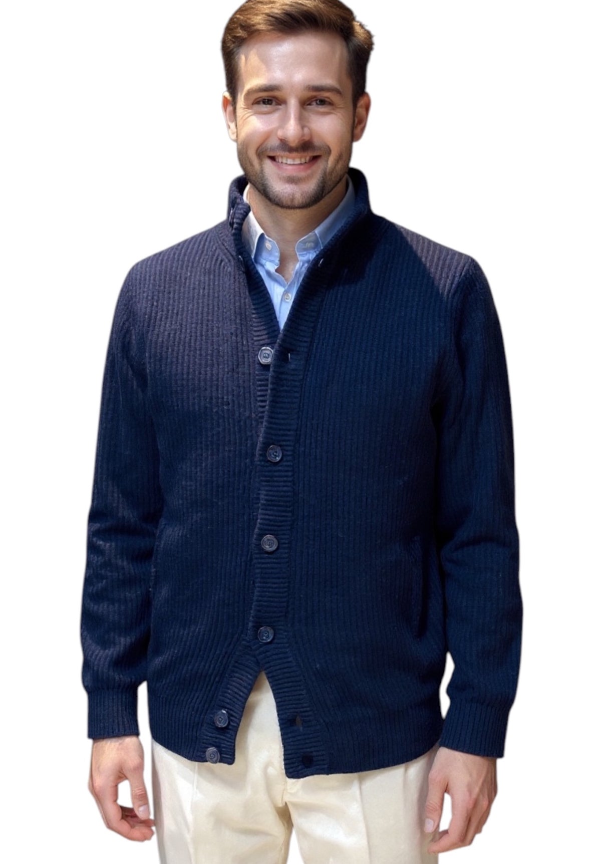 MARK MIDOR CARDIGAN IN CASHMERE A COLLO ALTO BLU