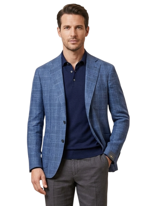 MARK MIDOR GIACCA IN LANA COTONE LINO A QUADRI BLU